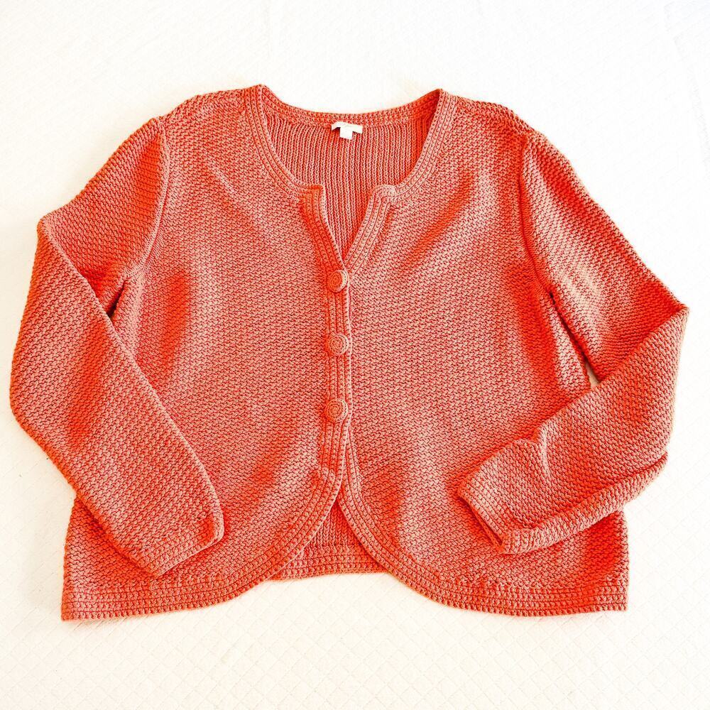 J. Jill 100% Cotton Crotchet Woven Cardigan Long Sleeve Sweater Orange SIze L